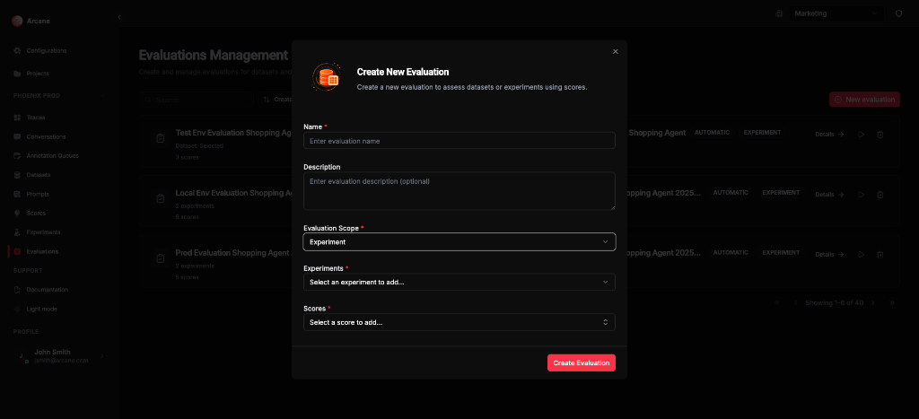 Create New Evaluation — Experiment scope