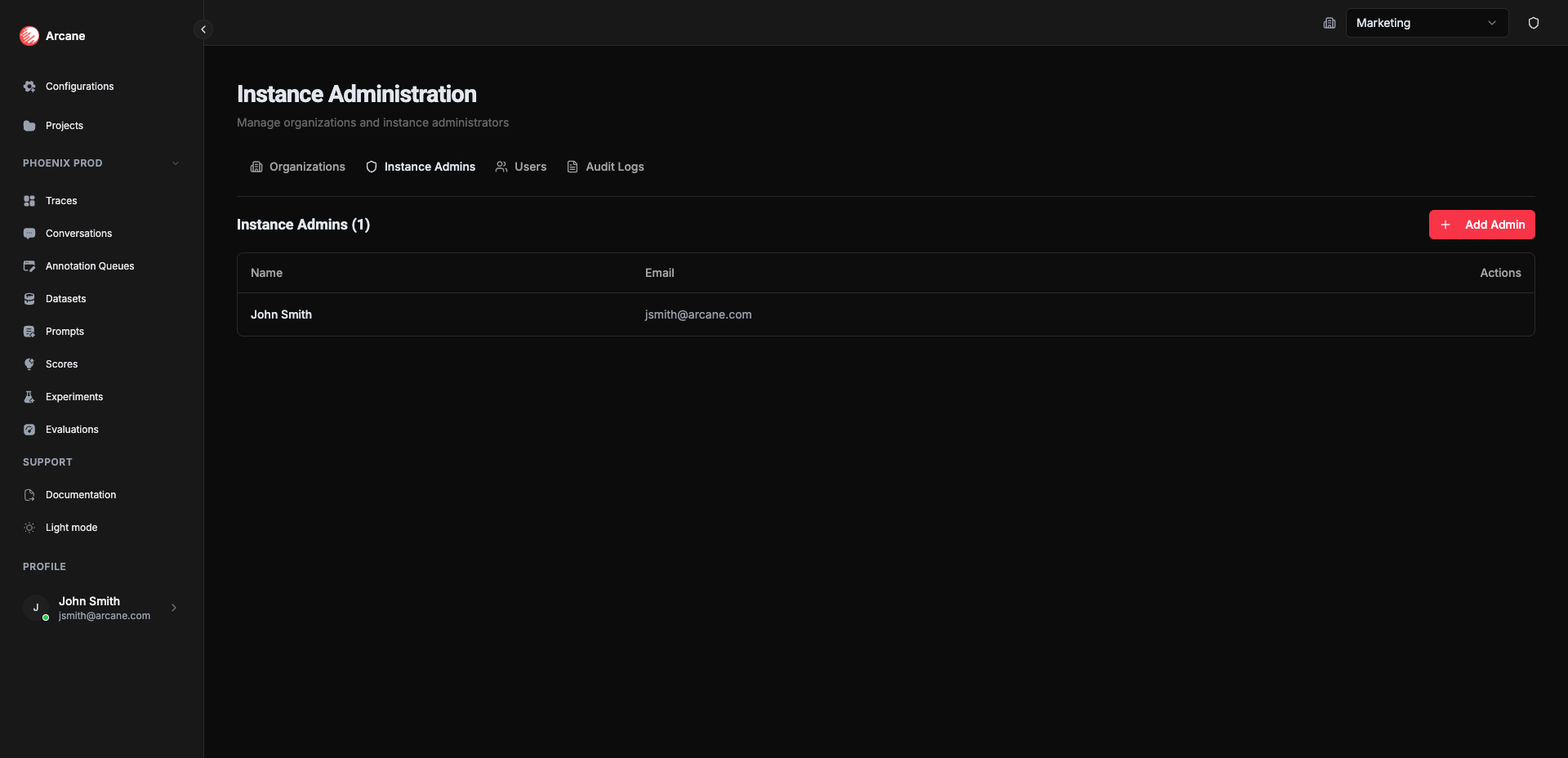 Instance Administration - Instance Admins tab