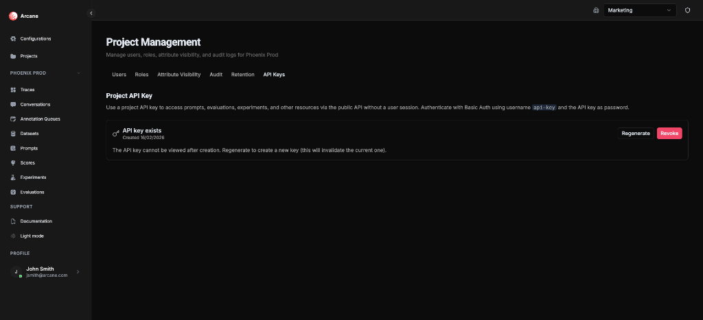Manage Project - API Keys tab