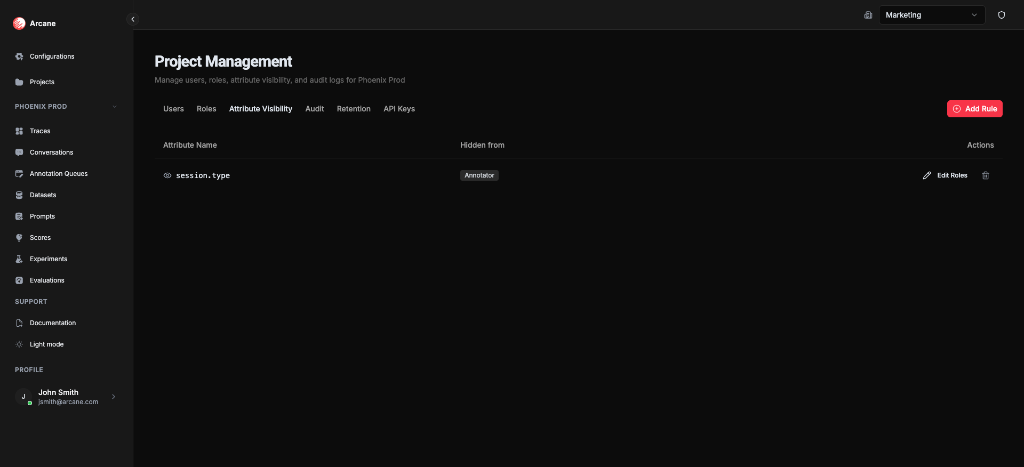 Manage Project - Attribute Visibility tab