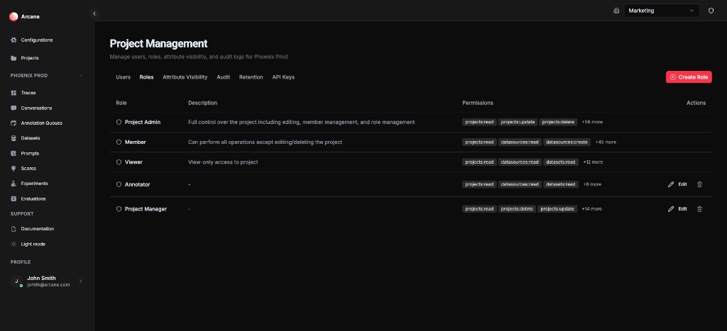 Manage Project - Roles tab