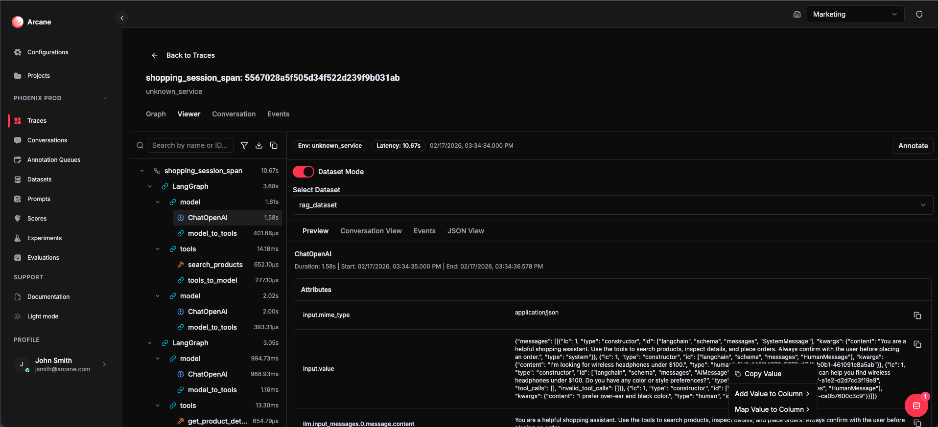 Dataset Mode context menu